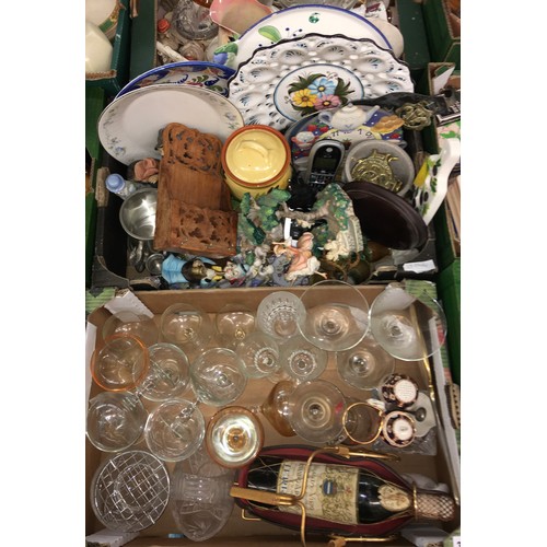 327 - TWO CARTONS - GLASSWARE, POTTERY CHARGERS, BRASS MARTINGALES, NEEDLE POINT BACKED DRESSING TABLE SET