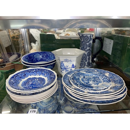 175 - SHELF OF BLUE AND WHITE TRANSFER PRINTED WARE INCLUDING MASONS VISTA, AND WEDGWOOD QUEENSWARE PLATES