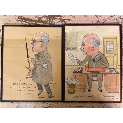 405 - PEN AND INK CARICATURE ILLUSTRATION AND A PASTEL VERSION SIGNED FLEMING STEWART DATED 45 & 46