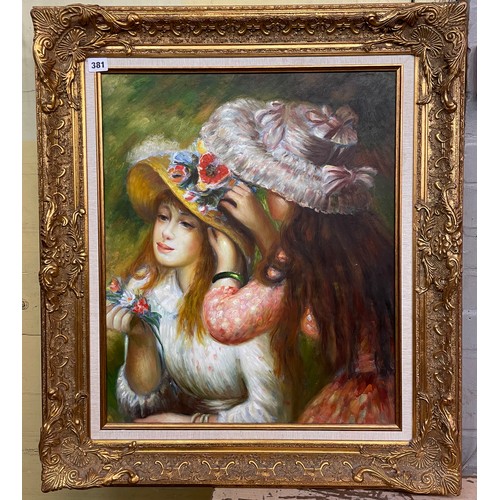 381 - OIL ON CANVAS OF GIRLS WEARING BONNETS IN ORNATE GILT FRAME