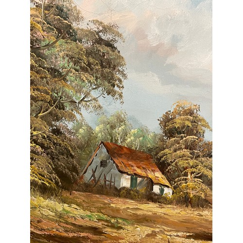 418 - 20TH CENTURY OIL ON CANVAS OF A RURAL COTTAGE LANDSCAPE