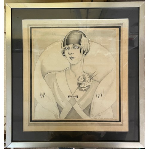 391 - PENCIL DRAWING OF AN ART DECO FEMALE SIGNED VERA TRUMAN? FRAMED AND GLAZED