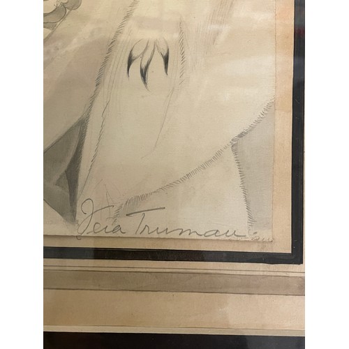 391 - PENCIL DRAWING OF AN ART DECO FEMALE SIGNED VERA TRUMAN? FRAMED AND GLAZED