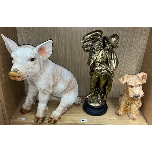 182 - RESIN FIGURE OF A PIG, PATTINATED PLASTER FIGURE OF A FARMER, AND SYLVAC TERRIER DOOR STOP