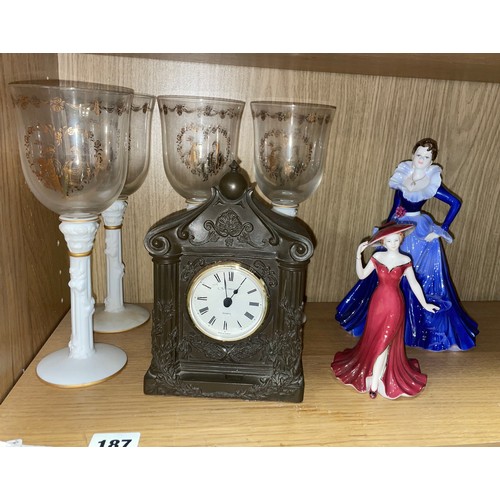 187 - FRANKLIN MINT ROMEO AND JULIETTE GOBLETS, GENESIS FINE ARTS RESIN MANTLE CLOCK, AND TWO COALPORT LAD... 