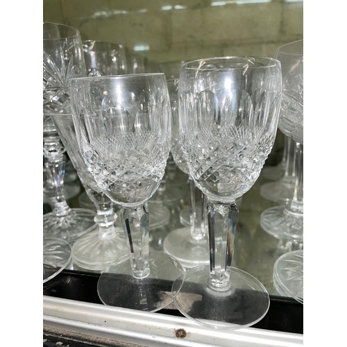 211 - SHELF OF CUT GLASS INCLUDING WATERFORD GOBLETS, ROYAL BRIERLEY WINE GLASSES, STUART TUMBLERS, AND GA... 