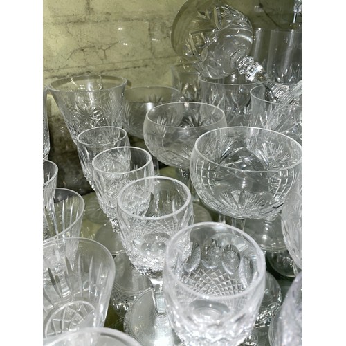 211 - SHELF OF CUT GLASS INCLUDING WATERFORD GOBLETS, ROYAL BRIERLEY WINE GLASSES, STUART TUMBLERS, AND GA... 