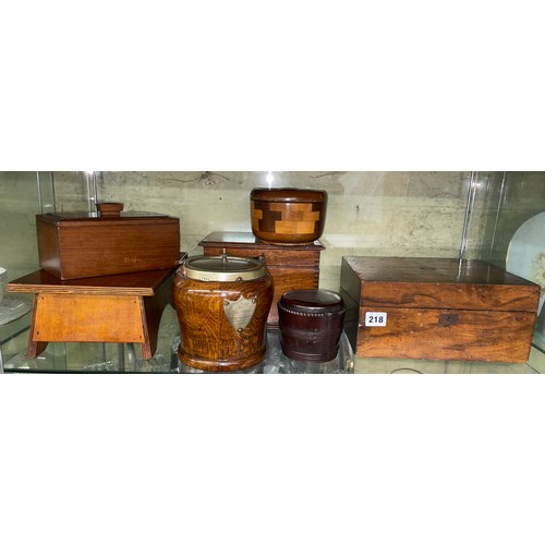 218 - SHELF OF TREEN AND SIMILAR ITEMS INCLUDING WRITING BOX, BISCUIT BARREL WITH COMMEMORATIVE PLAQUE AND... 