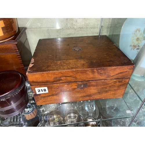 218 - SHELF OF TREEN AND SIMILAR ITEMS INCLUDING WRITING BOX, BISCUIT BARREL WITH COMMEMORATIVE PLAQUE AND... 