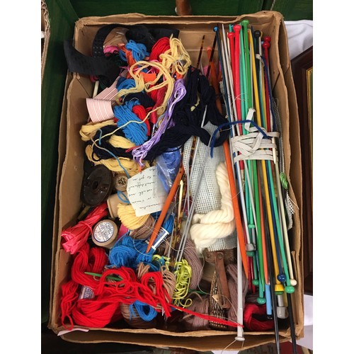 353 - SMALL BOX OF KNITTING NEEDLES, THREAD, AND TRIM