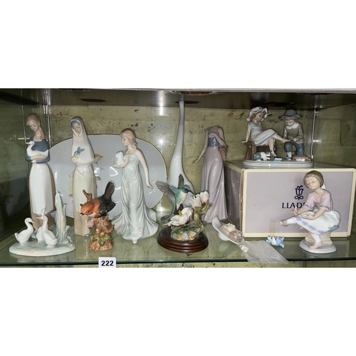 222 - SHELF OF NAO, LLADRO AND COUNTRY ARTISTS FIGURES INCLUDING SWAN AND MAIDENS CARRYING ANIMALS SOME A/... 