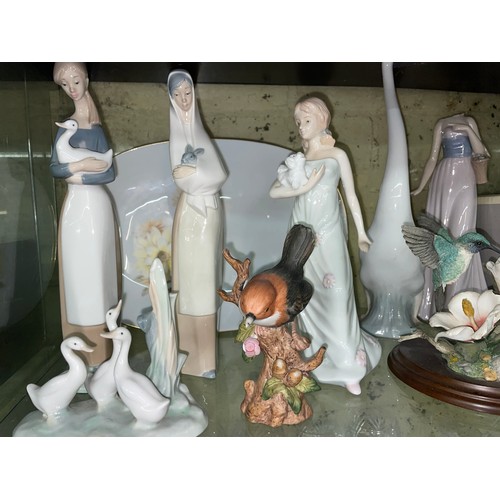 222 - SHELF OF NAO, LLADRO AND COUNTRY ARTISTS FIGURES INCLUDING SWAN AND MAIDENS CARRYING ANIMALS SOME A/... 