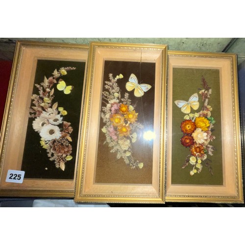 225 - THREE VINTAGE TAXIDERMIC BUTTERFLY COLLAGES FRAMED AND GLAZED (ONE A/F)