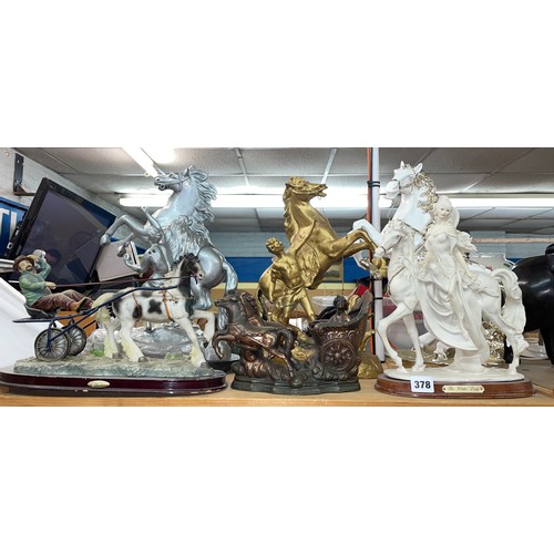 378 - SHELF OF RESIN AND CAST METAL REARING HORSE, AND HORSE AND CART FIGURE GROUPS