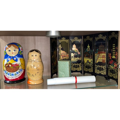 247 - TWO SETS OF RUSSIAN NESTING DOLLS, SOUVENIR CHINESE LAQUER SCREEN, AND SET OF MACGREGOR PLAYING CARD... 