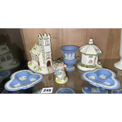 249 - TWO COALPORT FINE BONE CHINA PASTILLE BURNERS, WEDGWOOD POWDER BLUE JASPERWARE, AND A BESWICK BEATRI... 