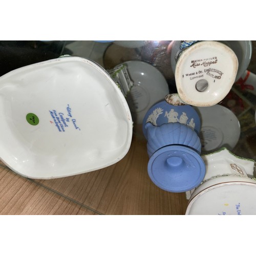 249 - TWO COALPORT FINE BONE CHINA PASTILLE BURNERS, WEDGWOOD POWDER BLUE JASPERWARE, AND A BESWICK BEATRI... 