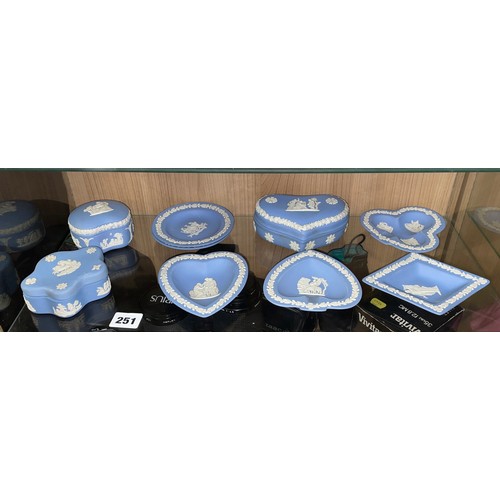 251 - SHELF OF WEDGWOOD POWDER BLUE JASPERWARE INCLUDING PLAYING CARD SUIT TRINKET DISHES AND LIDDED TRINK... 