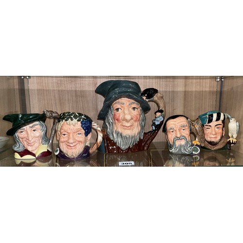 305 - ROYAL DOULTON CHARACTER JUGS INCLUDING RIP VAN WINKLE, MERLIN, BACCHUS, PIED PIPER, AND THE FALCONER