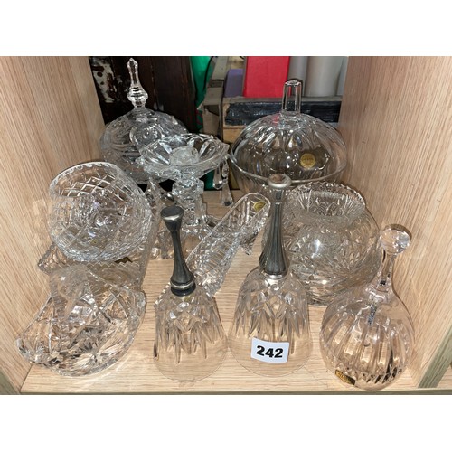 242 - SELECTION OF CRYSTAL GLASSWARE INCLUDING BONBON DISHES, SQUARE SECTION BOWL, BELLS, AND BASKET