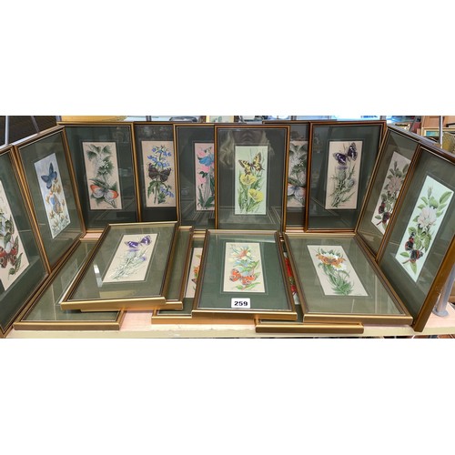 259 - SHELF OF CASH'S WOVEN SILK - BUTTERFLIES, FRAMED AND GLAZED 17 IN TOTAL