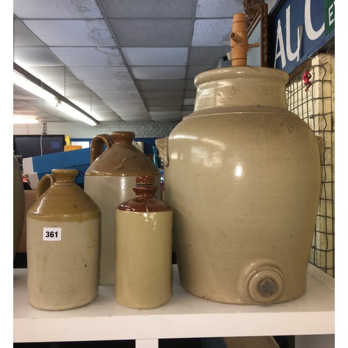 361 - LARGE STONEWARE VESSEL AND SOME STONEWARE FLAGONS