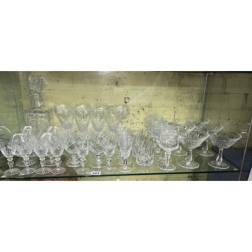 223 - SHELF OF GOOD QUALITY CUT GLASSWARE INCLUDING BRANDY BALLOONS, WATERFORD CRYSTAL KYLEMORE CHAMPAGNE/... 