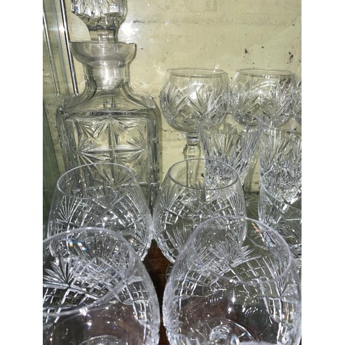 223 - SHELF OF GOOD QUALITY CUT GLASSWARE INCLUDING BRANDY BALLOONS, WATERFORD CRYSTAL KYLEMORE CHAMPAGNE/... 