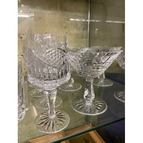 223 - SHELF OF GOOD QUALITY CUT GLASSWARE INCLUDING BRANDY BALLOONS, WATERFORD CRYSTAL KYLEMORE CHAMPAGNE/... 