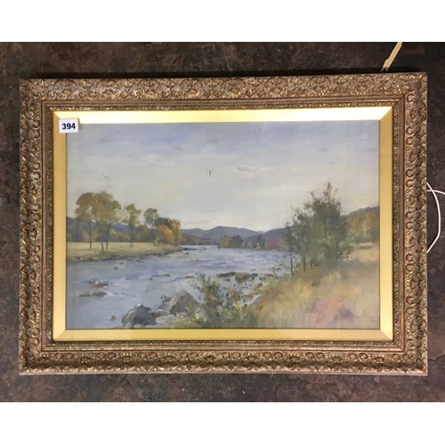 394 - THOMAS BUNTING (1851-1928) OIL ON CANVAS OF A RURAL RIVERSCAPE WITH SIGNATURE IN BRUSHED GILT FRAME