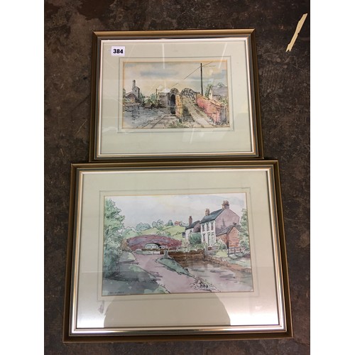 384 - TWO WATER COLOUR AND INKS OF CANAL BRIDGE SCENES BY REG FARMER