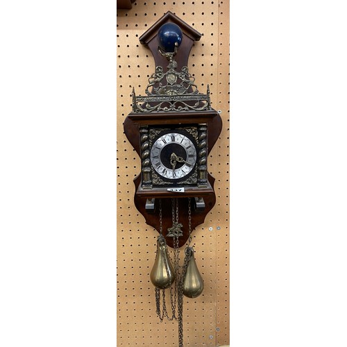 437 - REPRODUCTION DUTCH STAARK WALL CLOCK WITH PEAR WEIGHTS