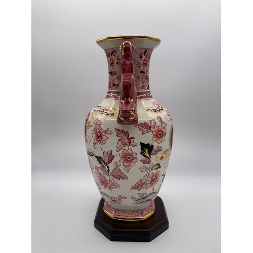 209 - MASONS IRONSTONE HAND PAINTED ROUGE DRAGON VASE ON STAND