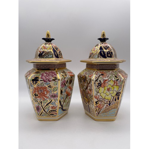 207 - PAIR OF MASONS LIMITED EDITION ORANGE SIAM COVERED HEXAGONAL VASES