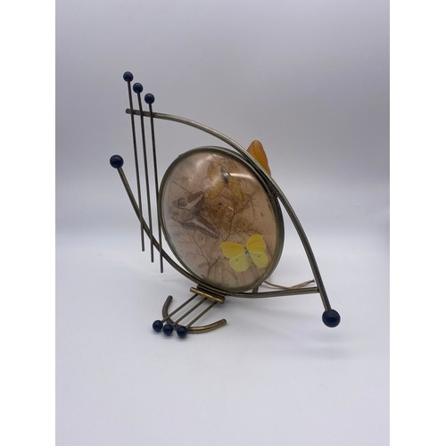 551 - VINTAGE BUTTERFLY DIORAMA EYE SHAPED LAMP WITH WIRE CHERRY FINIALS