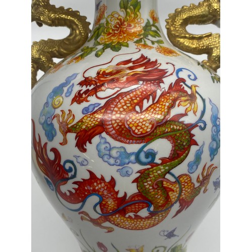 513 - FRANKLIN MINT BLESSINGS OF THE IMPERIAL DRAGON VASE BY ANNA KANG ON METAL STAND 31CM H