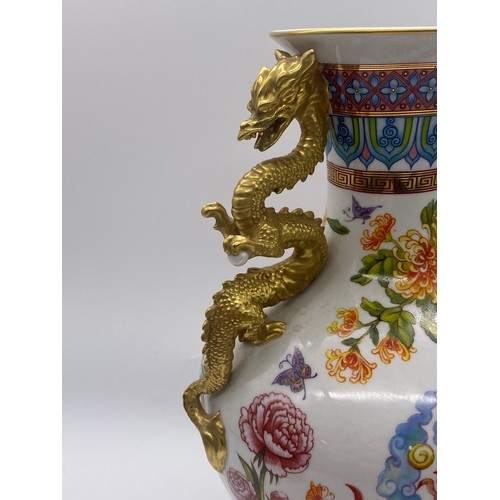 513 - FRANKLIN MINT BLESSINGS OF THE IMPERIAL DRAGON VASE BY ANNA KANG ON METAL STAND 31CM H