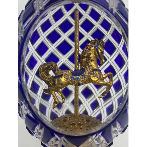 517 - FRANKLIN MINT HOUSE OF FABERGE SAPPHIRE INSPIRATION CRYSTAL CAROUSEL 20CM H