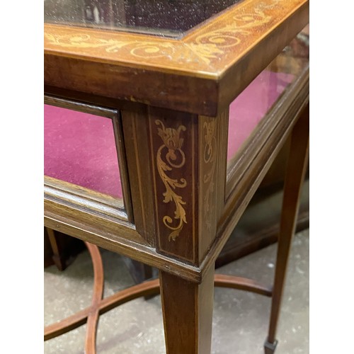 152 - LATE VICTORIAN MARQUETRY INLAID BIJOUTERIE TABLE CABINET WITH WAVY CROSS STRETCHER