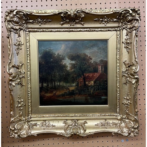 436 - 19TH CENTURY NORWICH SCHOOL OILS ON PANEL OF A RURAL LANDSCAPE WITH FIGURES IN A PUNT ON A POOL BEFO... 