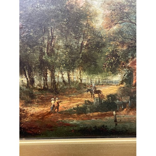 436 - 19TH CENTURY NORWICH SCHOOL OILS ON PANEL OF A RURAL LANDSCAPE WITH FIGURES IN A PUNT ON A POOL BEFO... 