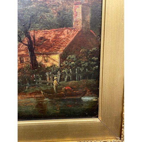 436 - 19TH CENTURY NORWICH SCHOOL OILS ON PANEL OF A RURAL LANDSCAPE WITH FIGURES IN A PUNT ON A POOL BEFO... 