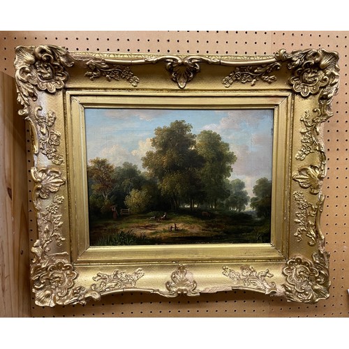 435 - 19TH CENTURY NORWICH SCHOOL OILS ON CANVAS OF A RURAL LANDSCAPE WITH FIGURES AND DOG IN GILT FRAME 3... 