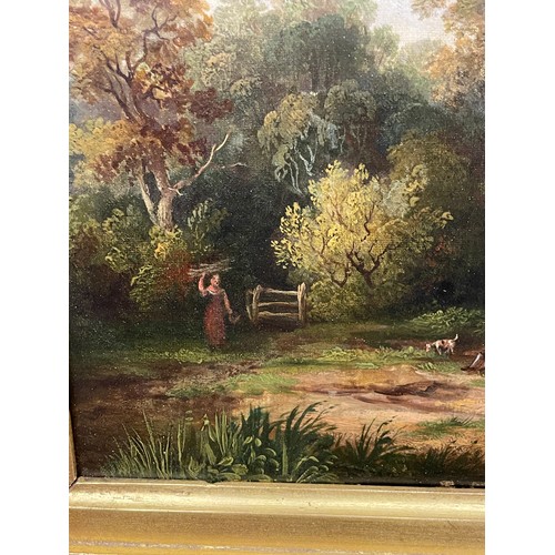 435 - 19TH CENTURY NORWICH SCHOOL OILS ON CANVAS OF A RURAL LANDSCAPE WITH FIGURES AND DOG IN GILT FRAME 3... 