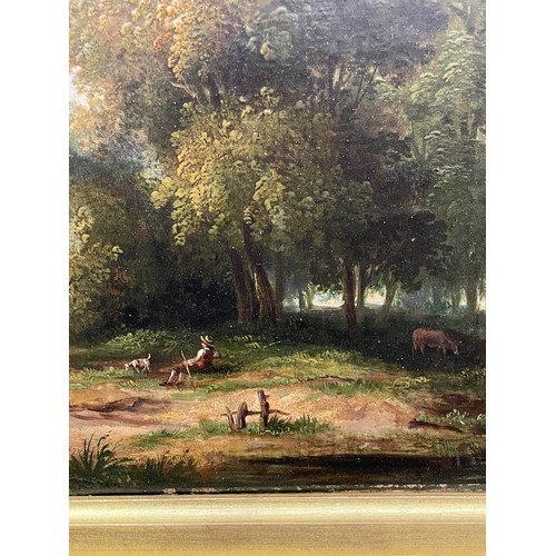 435 - 19TH CENTURY NORWICH SCHOOL OILS ON CANVAS OF A RURAL LANDSCAPE WITH FIGURES AND DOG IN GILT FRAME 3... 