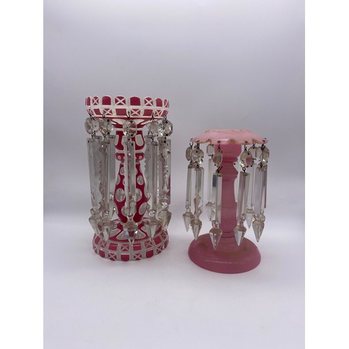 238 - VICTORIAN GLASS OVERLAID CUT OUT LUSTRE AND A SMALLER PINK LUSTRE WITH DROPPERS