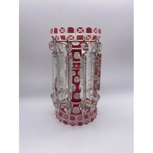 238 - VICTORIAN GLASS OVERLAID CUT OUT LUSTRE AND A SMALLER PINK LUSTRE WITH DROPPERS