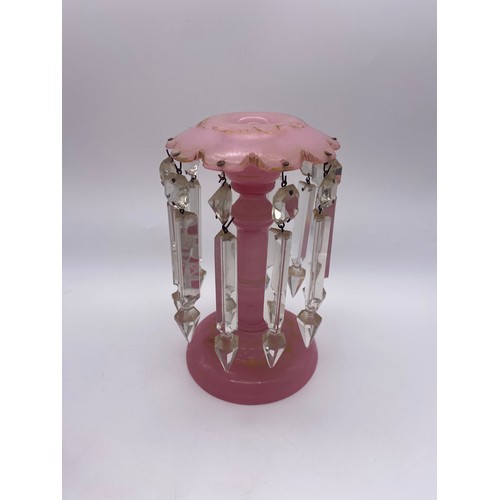 238 - VICTORIAN GLASS OVERLAID CUT OUT LUSTRE AND A SMALLER PINK LUSTRE WITH DROPPERS