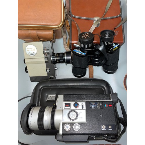 494 - CASED CANON AUTO ZOOM 814 CAMERA, SANKYO 8CM CINE CAMERA, AND PAIR OF TASCO ZIP BINOCULARS