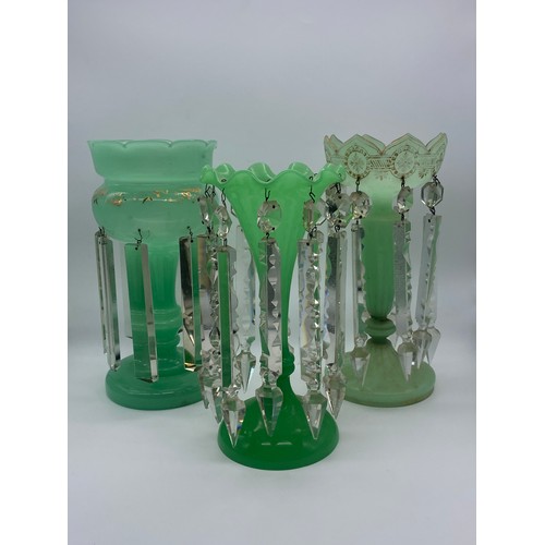 237 - THREE VICTORIAN JADE GREEN GLASS LUSTRES WITH DROPPERS